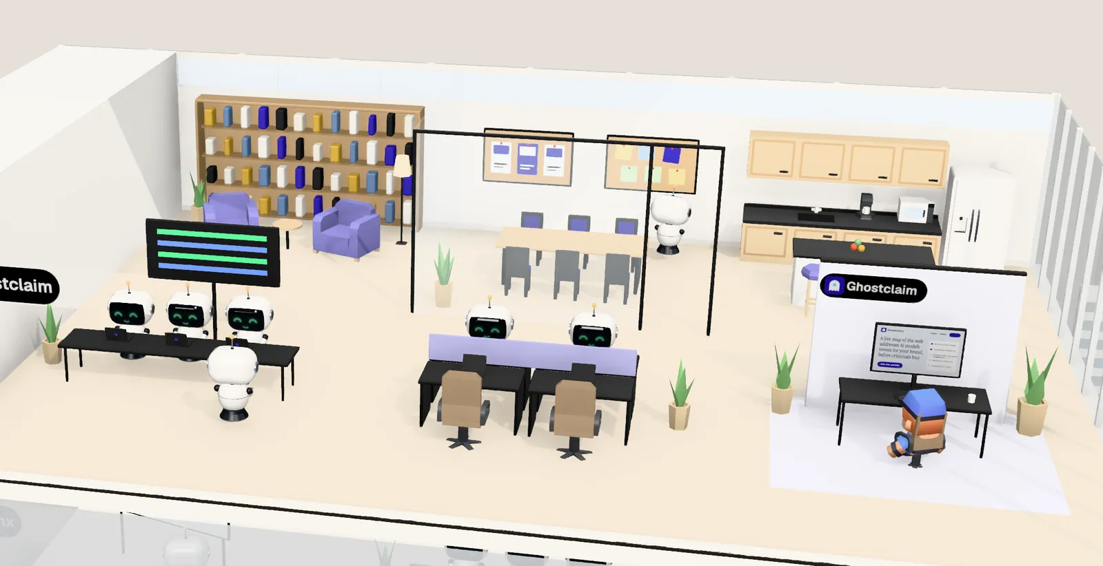 Ghostclaim’s office on floor 25 of Tower 2: the owner’s desk with the website on screen, the agents’ bench, a meeting room and a library